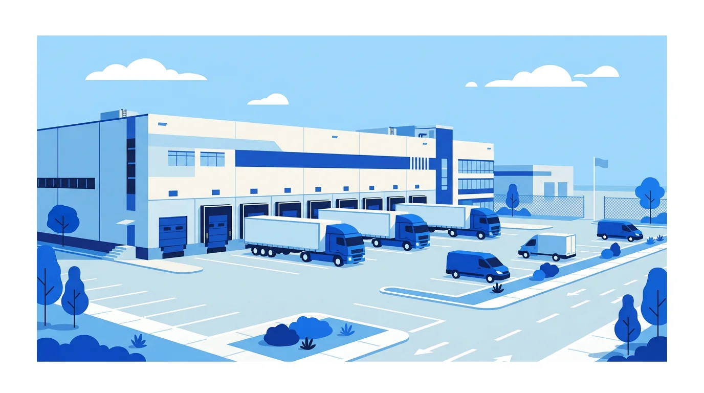 물류 센터의 배송 트럭들