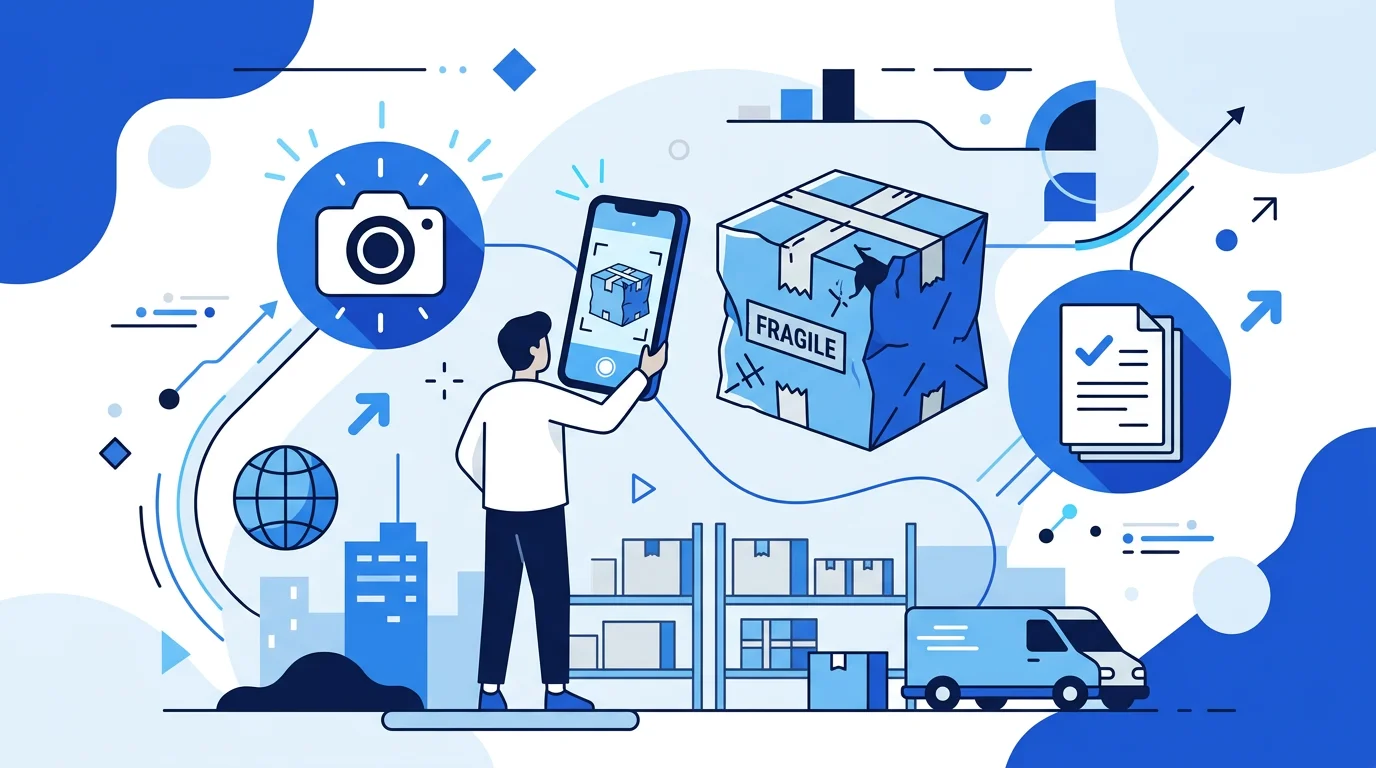 퀵서비스 파손 물품을 스마트폰으로 촬영하여 증거를 확보하는 모습