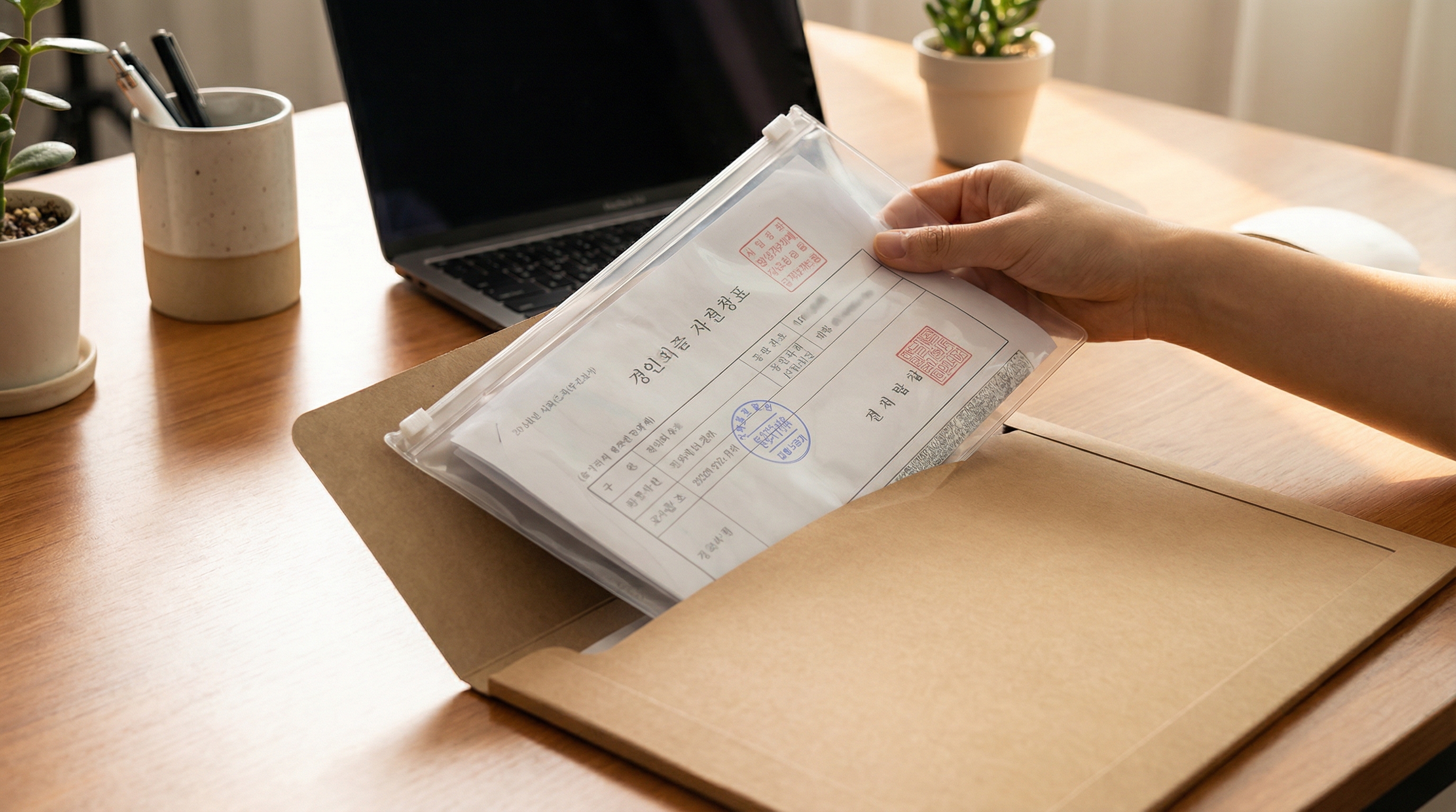 중요 서류를 방수 봉투와 하드보드에 넣어 포장하는 모습