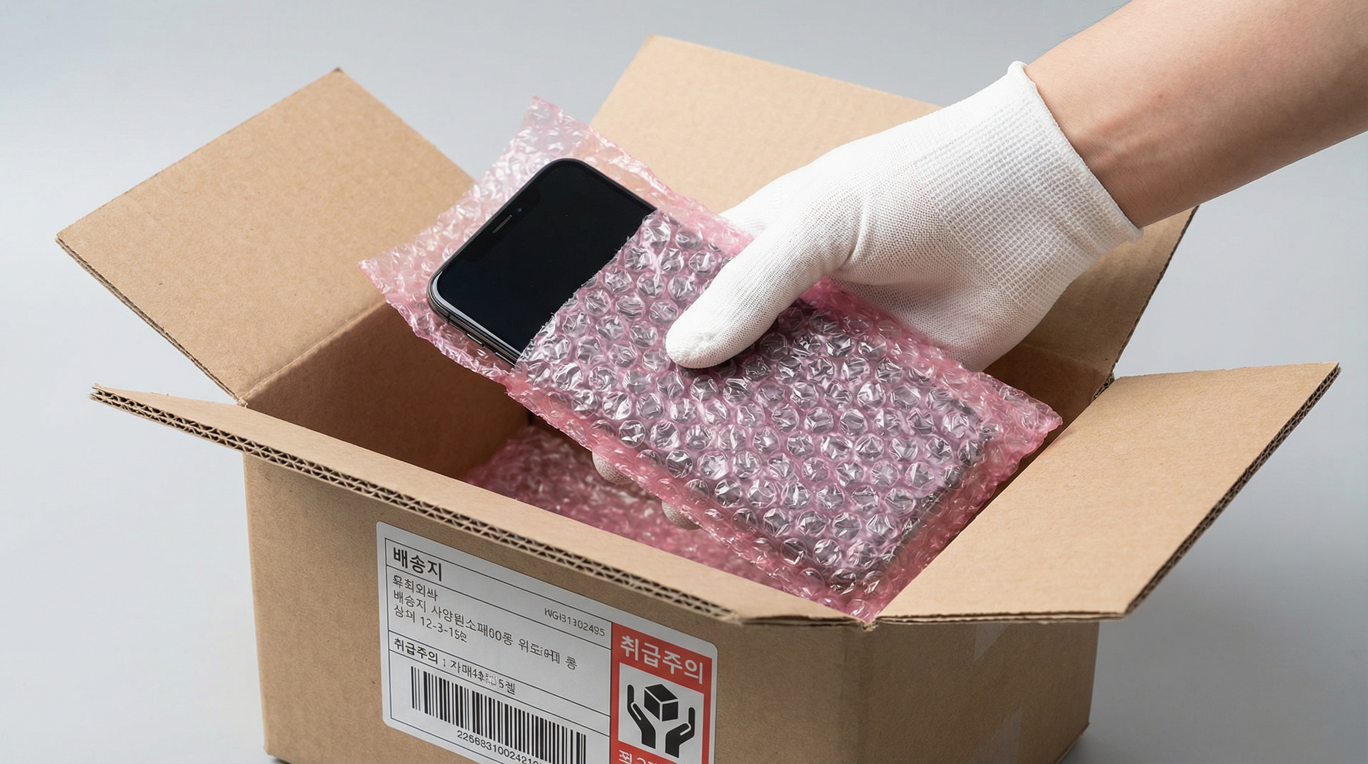 전자기기를 에어캡과 정전기 방지 포장재로 이중 포장하는 모습