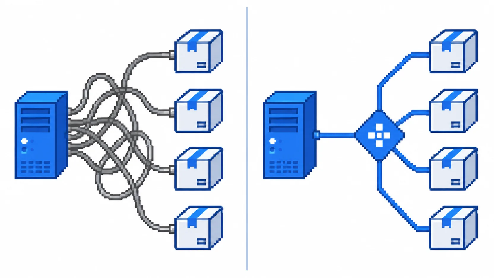 업체별 개별 연동과 비교형 API 한 번 연동을 대비한 구조 픽셀아트 일러스트