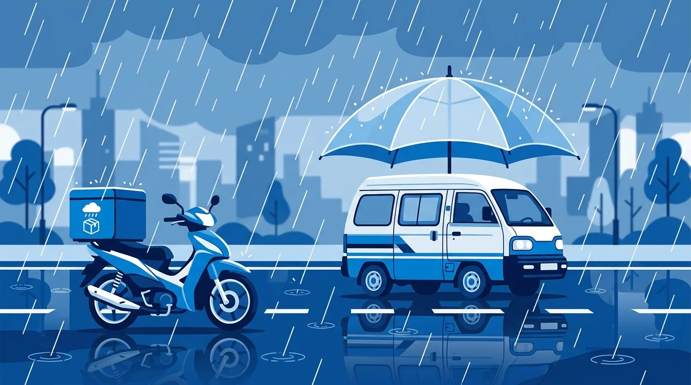 비 오는 날 퀵서비스 접수 전 요금과 포장을 점검하는 장면