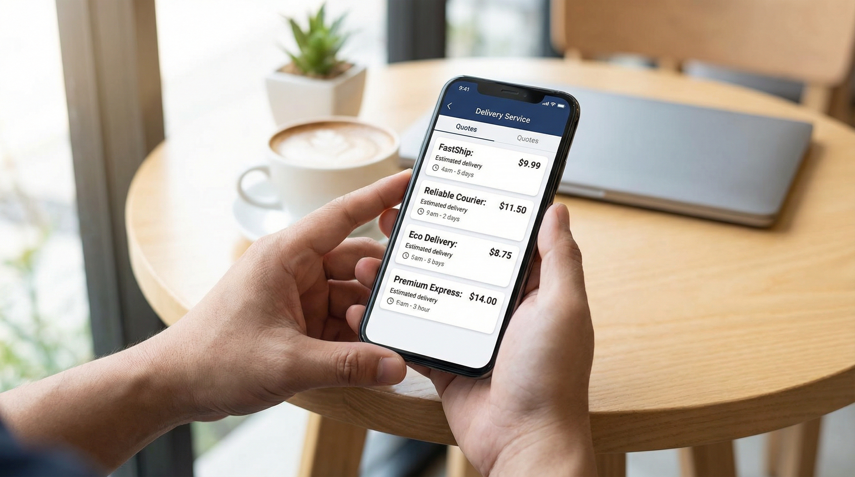 스마트폰으로 여러 퀵서비스 업체의 요금을 한 번에 비교하는 모습