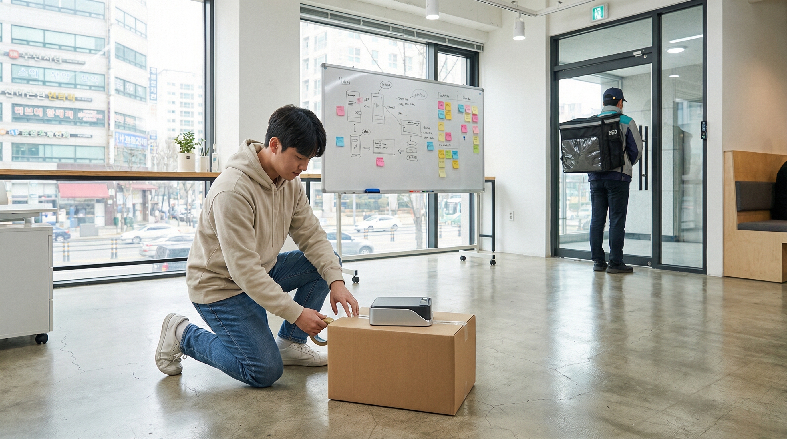 스타트업 사무실에서 시제품을 퀵으로 보내는 모습