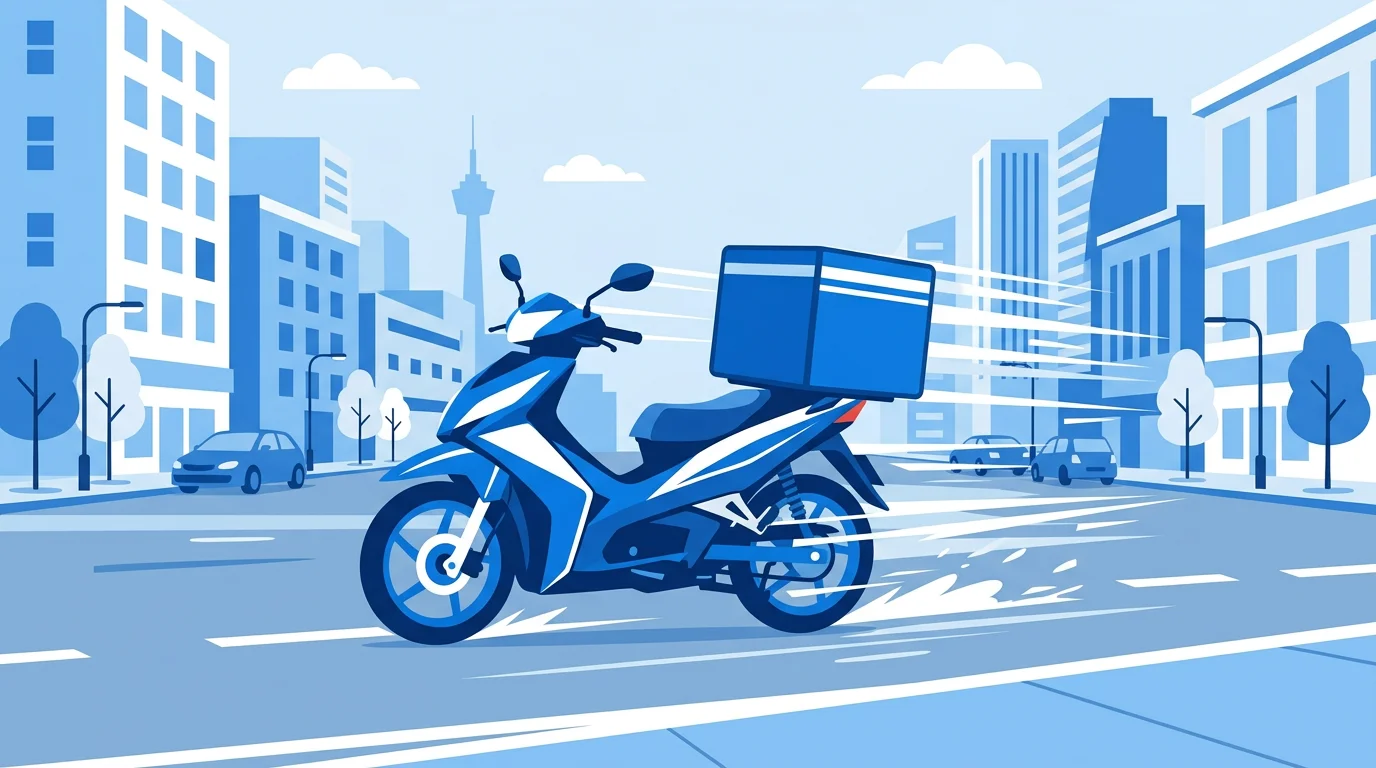 퀵서비스 배송 기사가 오토바이를 타고 이동하는 모습